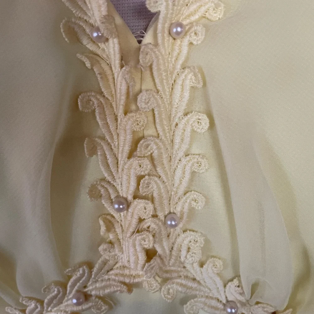 1970s Stunning‎ Yellow, Filigree Rick Rack Trim, Beaded Gown